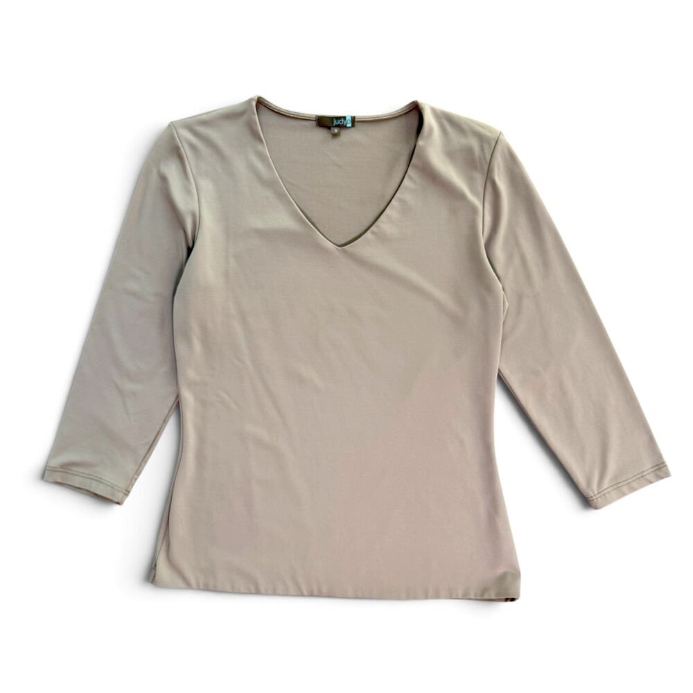 Judy P Taupe Beige V-Neck 3/4 Sleeve Stretch Top Womens S Office Workwear